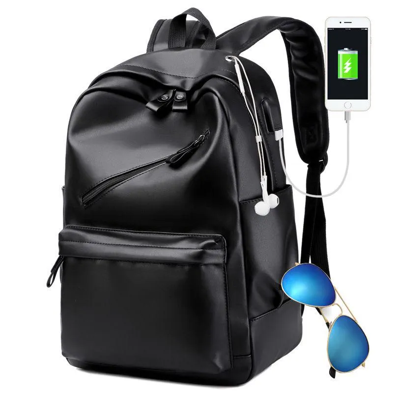 Men Backpack External USB Charge Waterproof Backpack Fashion PU Leather Travel Bag Casual School Bag