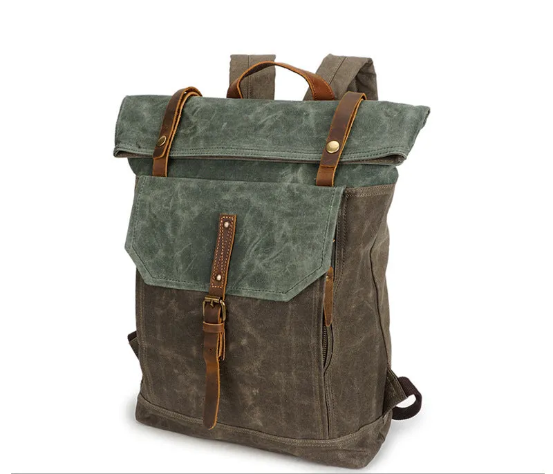 Men Canvas Leather Backpack, Big Capacity Laptop Backpack, Vintage Waterproof Shoulder Travel Bag 5191-1