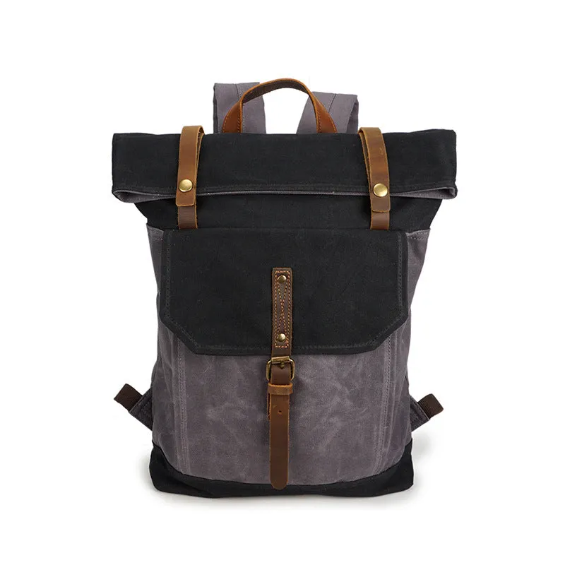 Men Canvas Leather Backpack, Big Capacity Laptop Backpack, Vintage Waterproof Shoulder Travel Bag 5191-1
