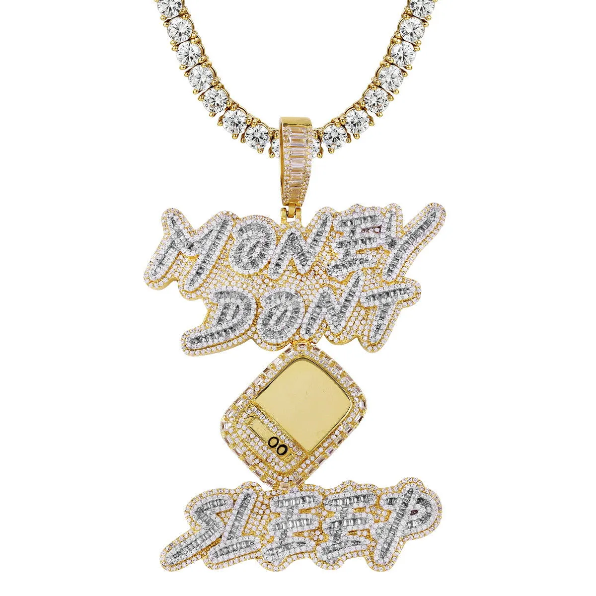 Money Don't Sleep Sterling Silver Baguette Icy Pendant