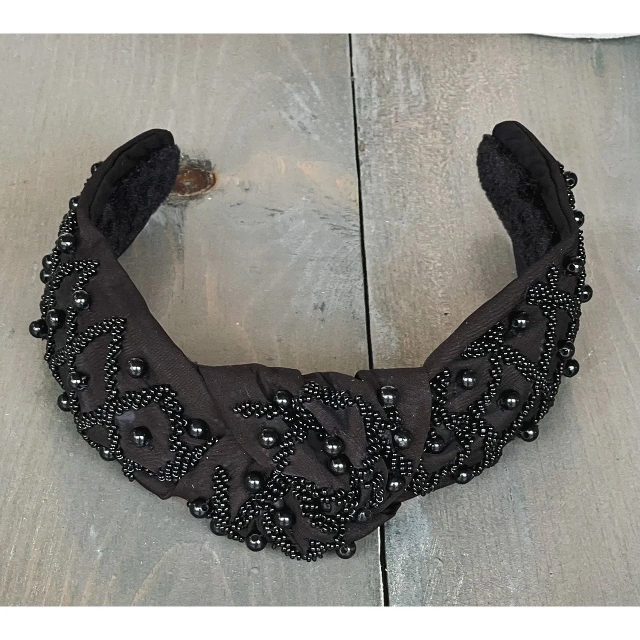 Monochrome Black Seed Bead Front Knot Headband.