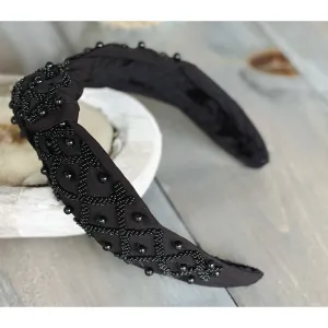 Monochrome Black Seed Bead Front Knot Headband.