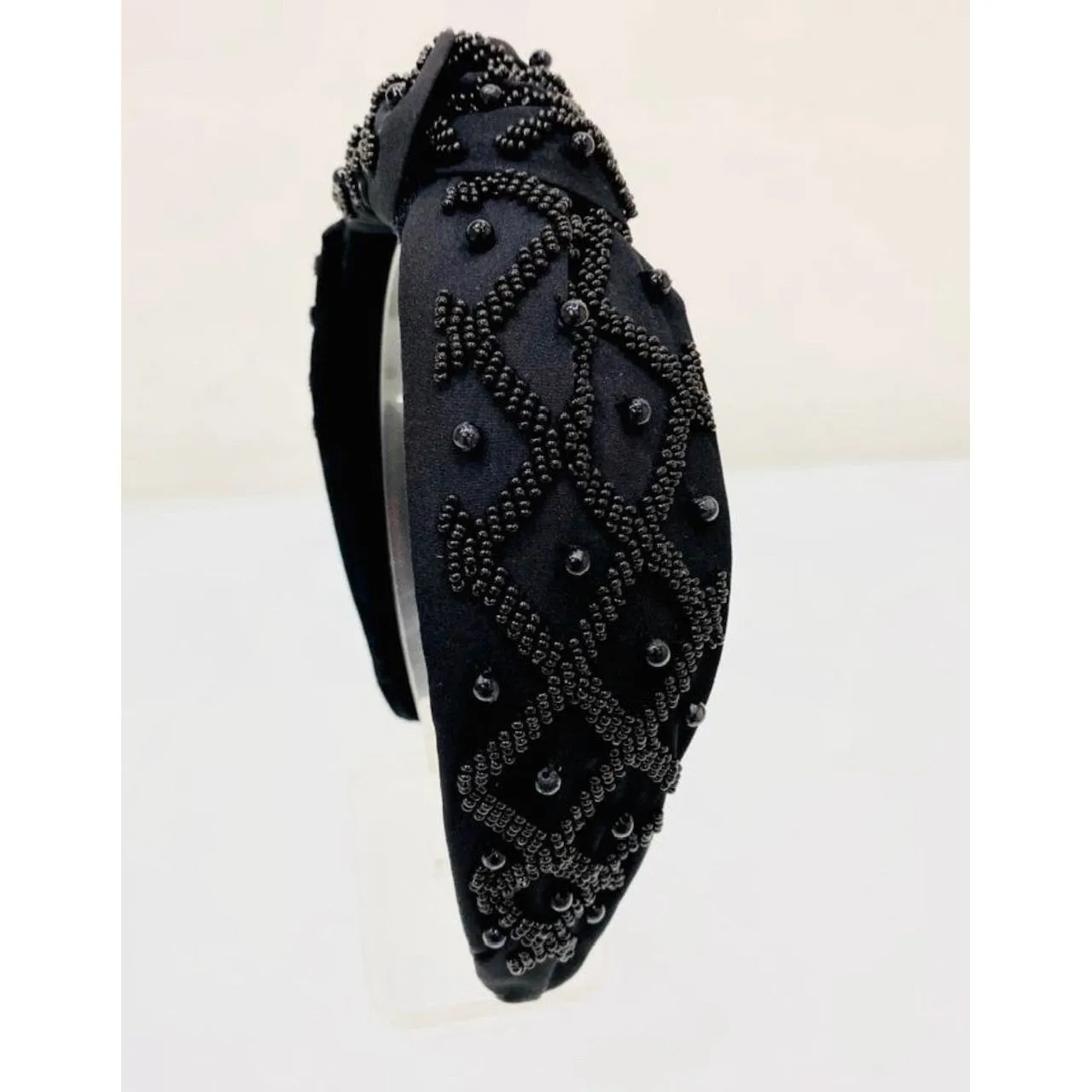 Monochrome Black Seed Bead Front Knot Headband.