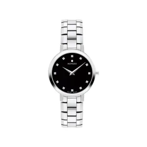 Movado Faceto Ladies Stainless Steel Diamond and Black Dial Watch