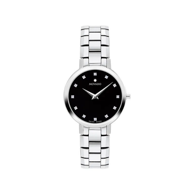 Movado Faceto Ladies Stainless Steel Diamond and Black Dial Watch