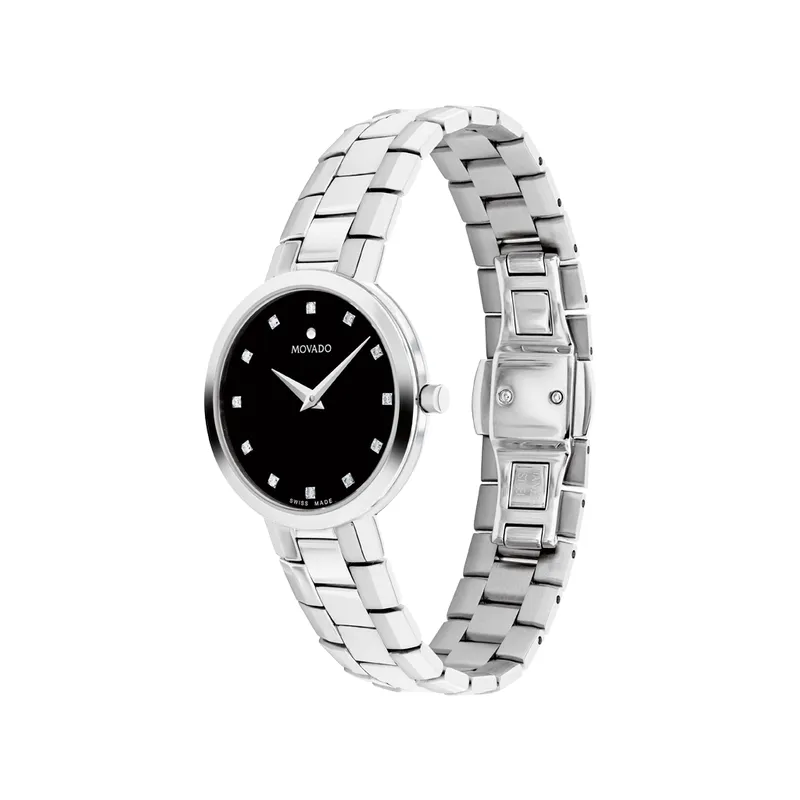 Movado Faceto Ladies Stainless Steel Diamond and Black Dial Watch