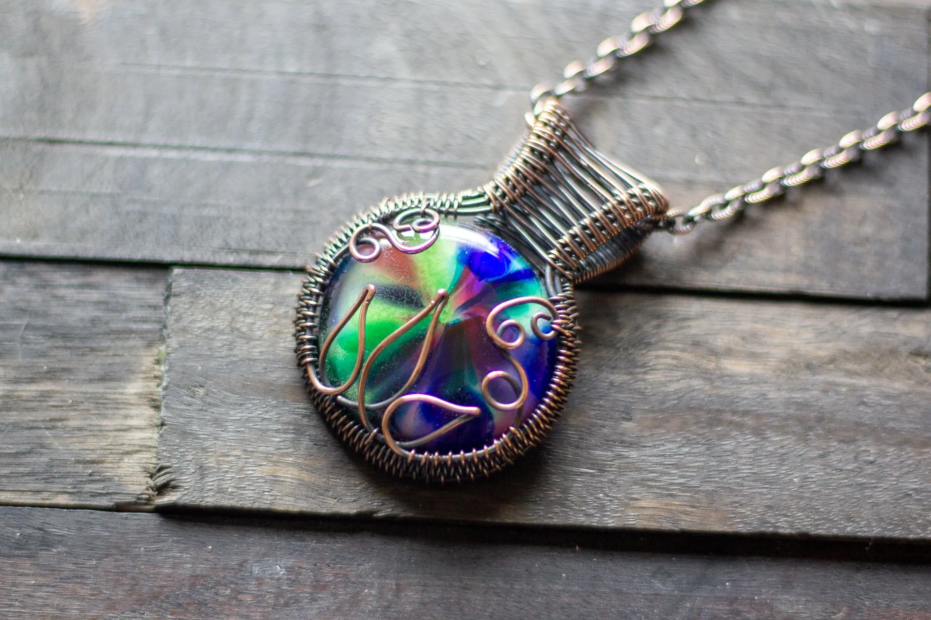 Multi-color Flower in Bloom Pendant with Copper Wire Wrapping