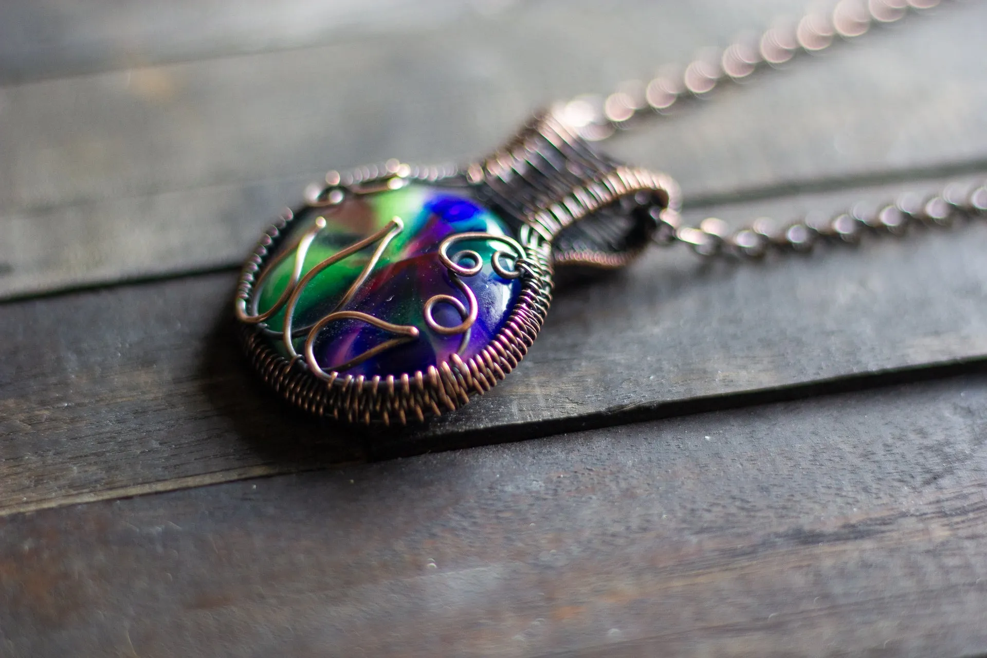 Multi-color Flower in Bloom Pendant with Copper Wire Wrapping