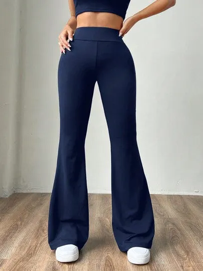 Navy Blue Knitted Women's Skinny Flare Pants | Stretch High Waist