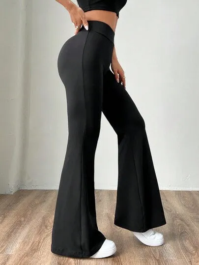 Navy Blue Knitted Women's Skinny Flare Pants | Stretch High Waist