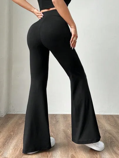 Navy Blue Knitted Women's Skinny Flare Pants | Stretch High Waist