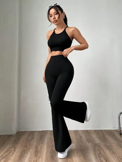 Navy Blue Knitted Women's Skinny Flare Pants | Stretch High Waist