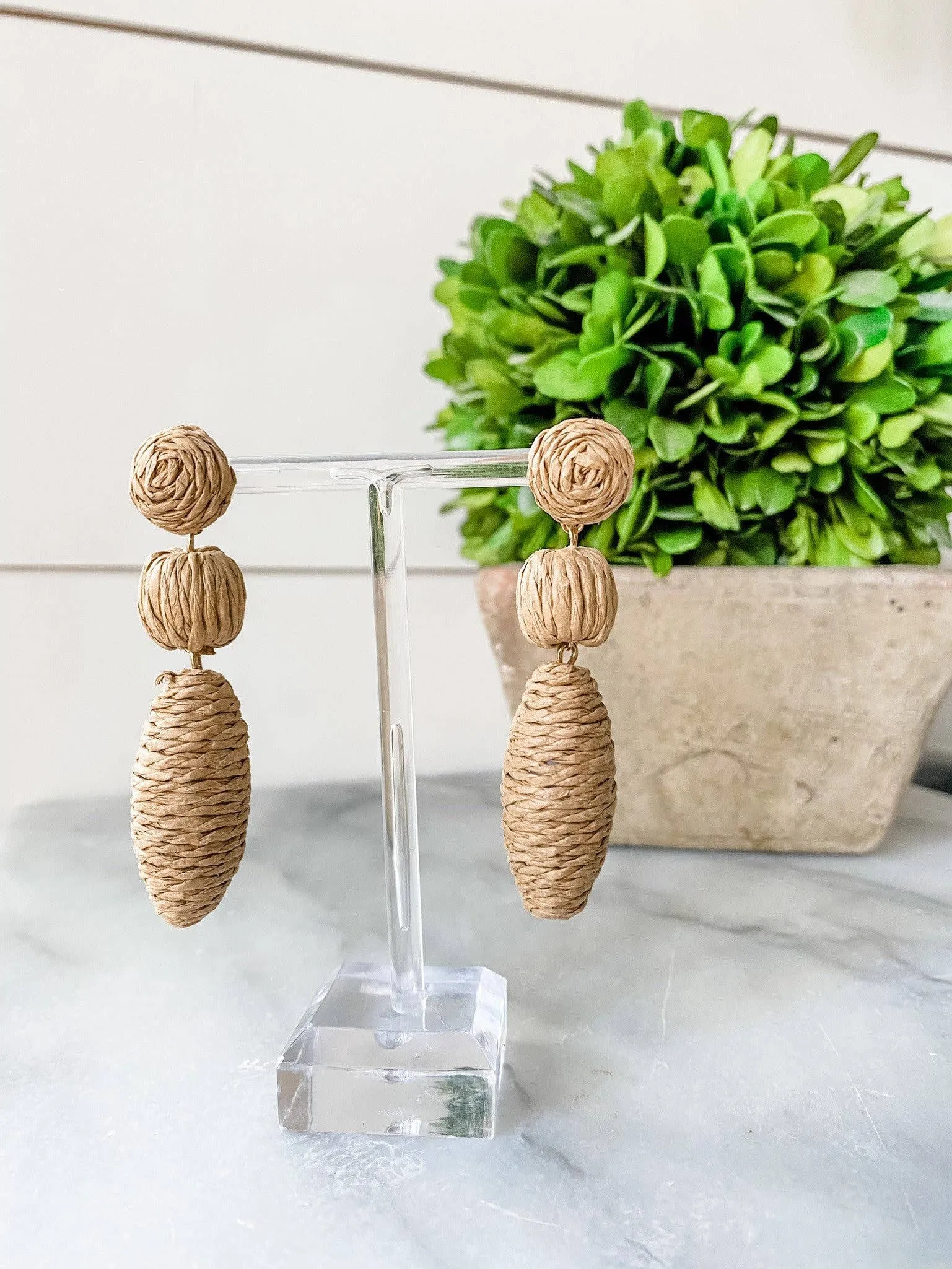Neutral Raffia Drop Beaded Statement Earrings