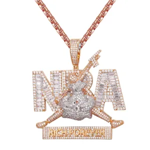 Never Go Broke Jumpman Sterling Silver 3D Baguette Pendant