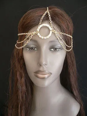New Miami Beach Women Gold Big Ring Metal Head Chain Jewelry Hair