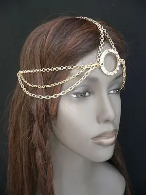 New Miami Beach Women Gold Big Ring Metal Head Chain Jewelry Hair