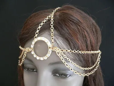 New Miami Beach Women Gold Big Ring Metal Head Chain Jewelry Hair