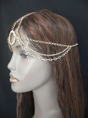 New Miami Beach Women Gold Big Ring Metal Head Chain Jewelry Hair