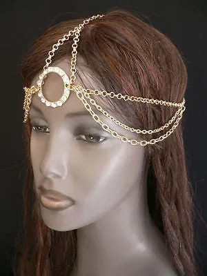 New Miami Beach Women Gold Big Ring Metal Head Chain Jewelry Hair