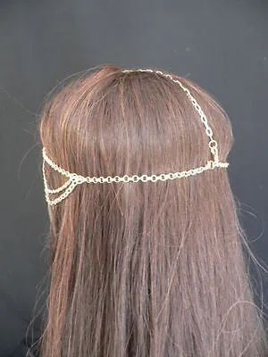 New Miami Beach Women Gold Big Ring Metal Head Chain Jewelry Hair