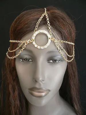 New Miami Beach Women Gold Big Ring Metal Head Chain Jewelry Hair