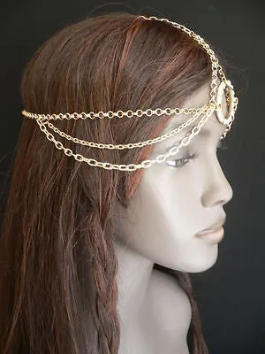 New Miami Beach Women Gold Big Ring Metal Head Chain Jewelry Hair