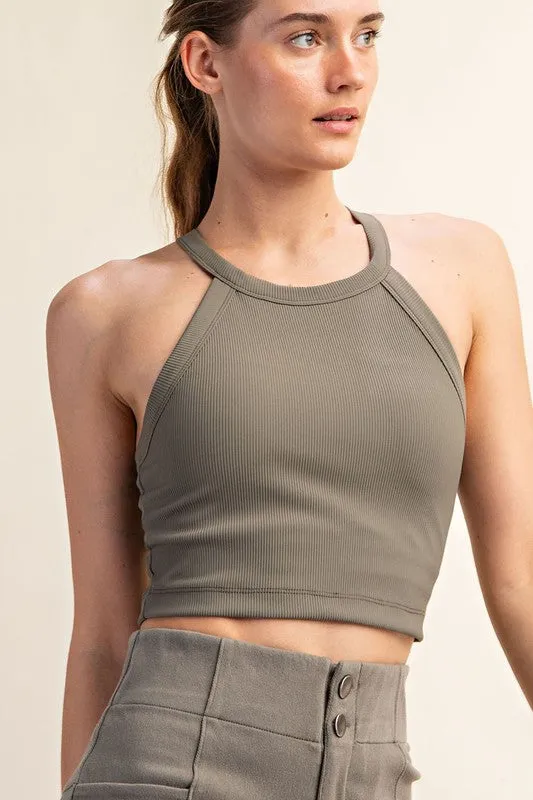 NYLON RIB CROPPED HALTER TANK