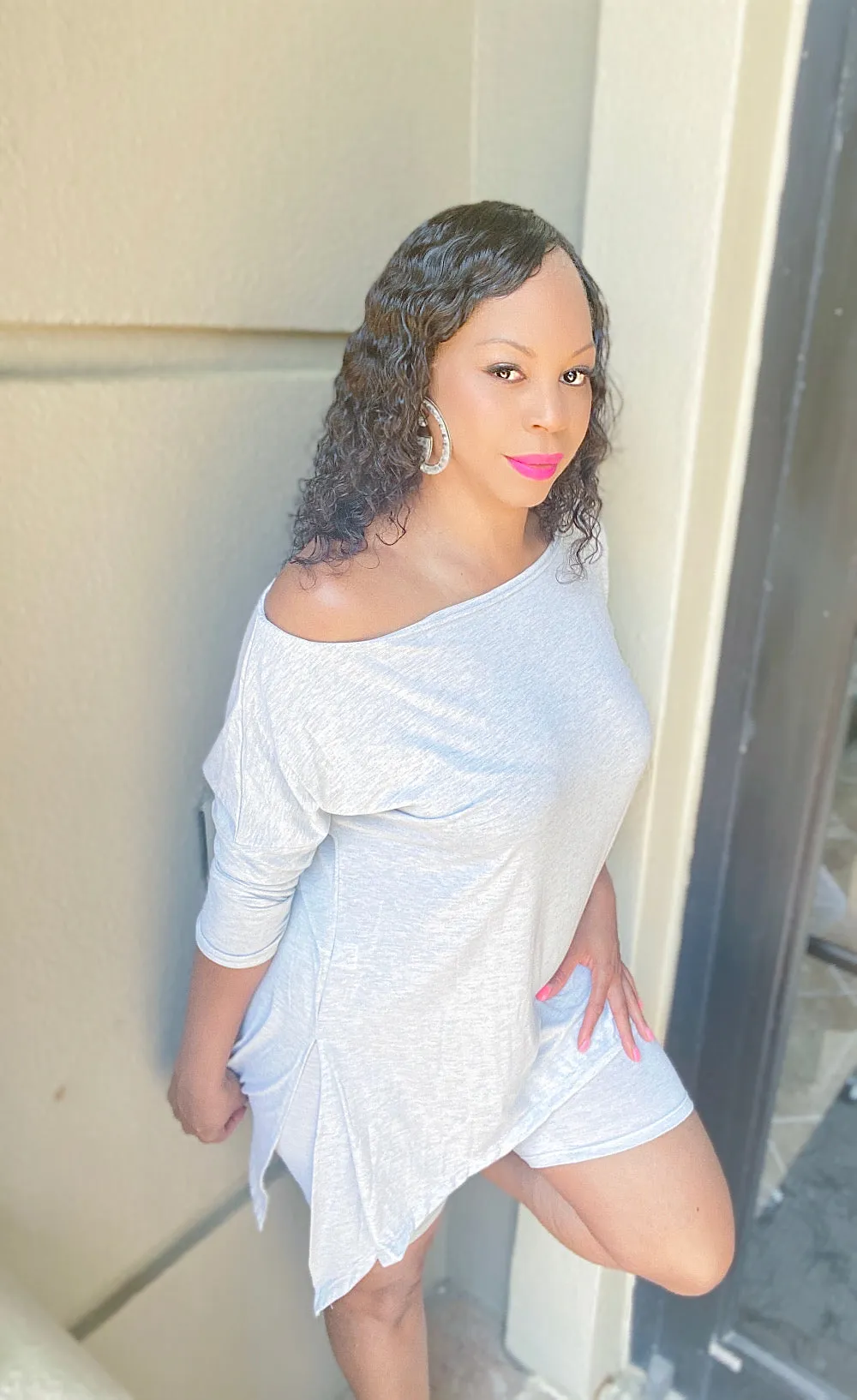 Off Shoulder Oversized Shirt Biker Short Set!