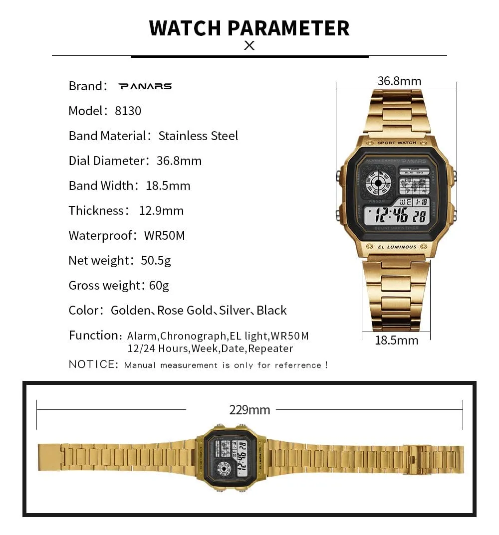 Panars sport wristwatches for Men Stainless Steel Electronic Wristwatch