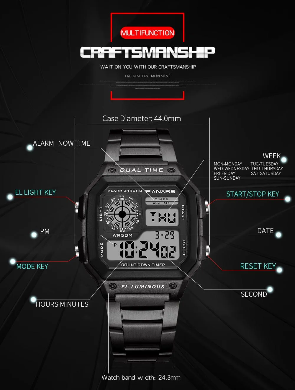 Panars sport wristwatches for Men Stainless Steel Electronic Wristwatch