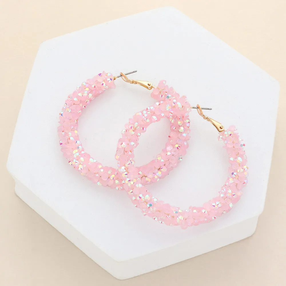 Pastel Pink Beaded Hoop Earrings | 2.25" | Fun Fashion Jewelry | 615647