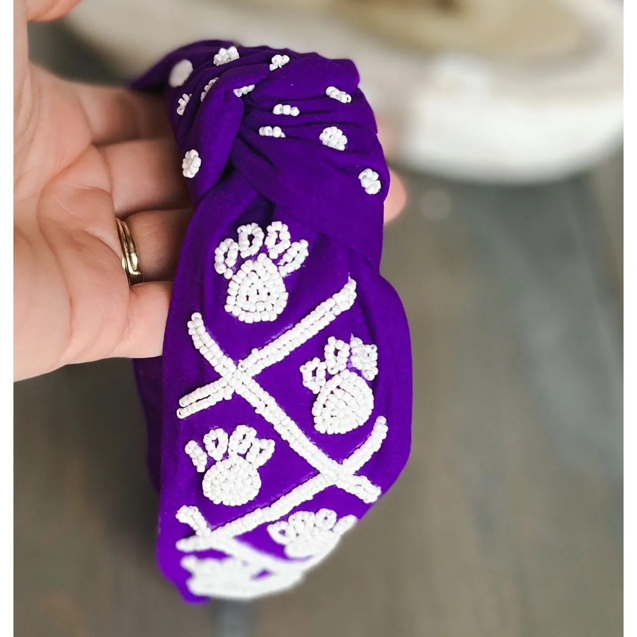 Paw Print Seed Beaded Team Spirit Top Knot Headband.