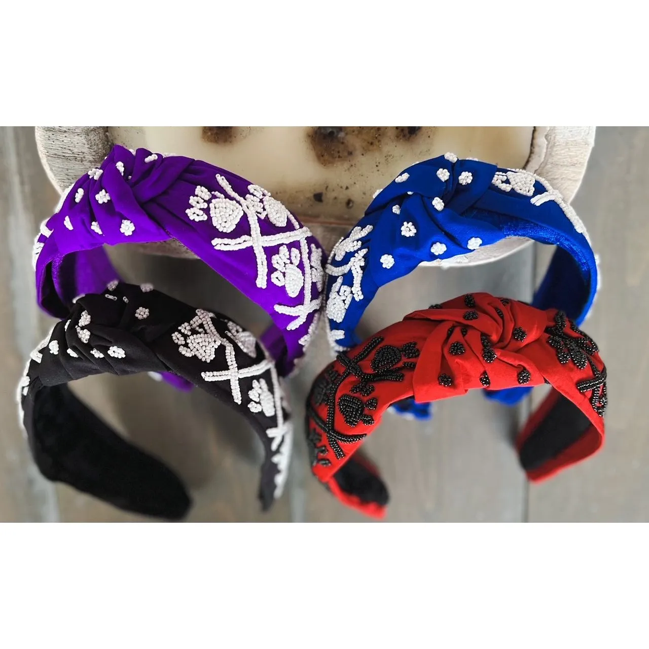 Paw Print Seed Beaded Team Spirit Top Knot Headband.