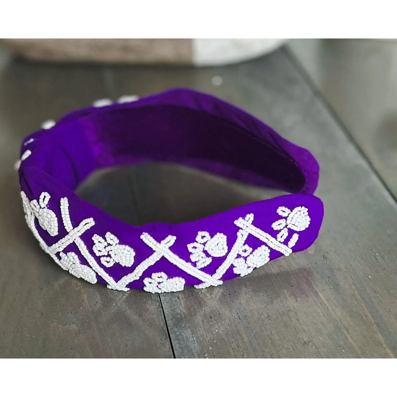 Paw Print Seed Beaded Team Spirit Top Knot Headband.