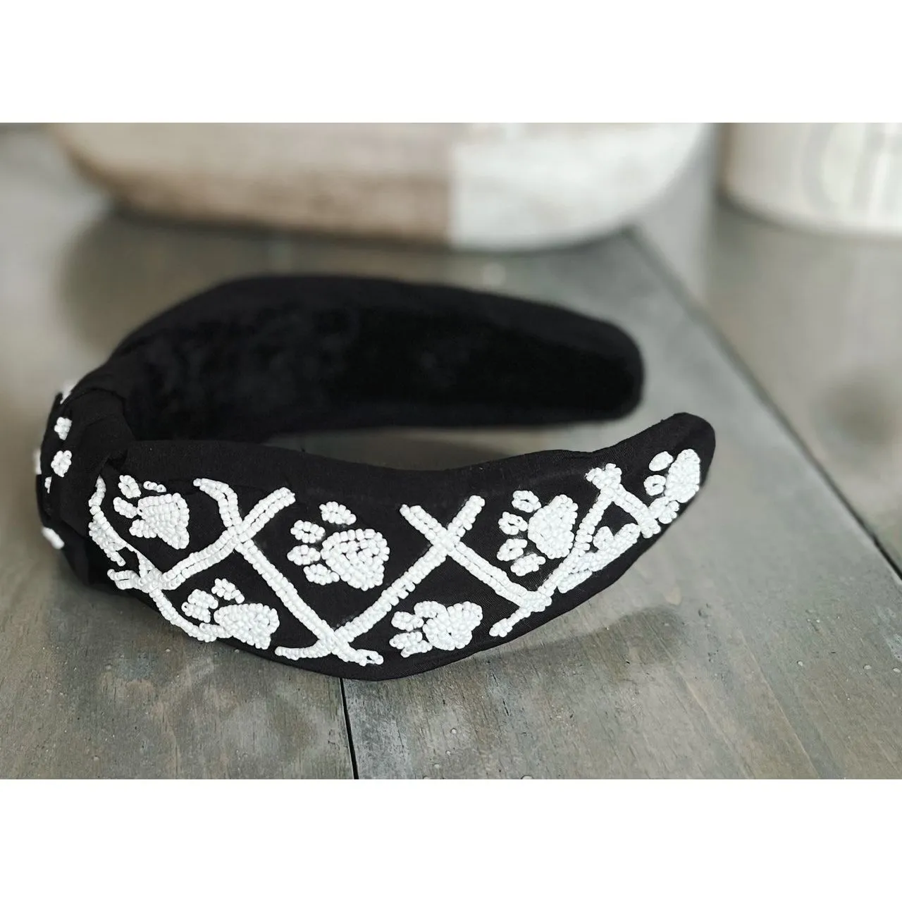 Paw Print Seed Beaded Team Spirit Top Knot Headband.