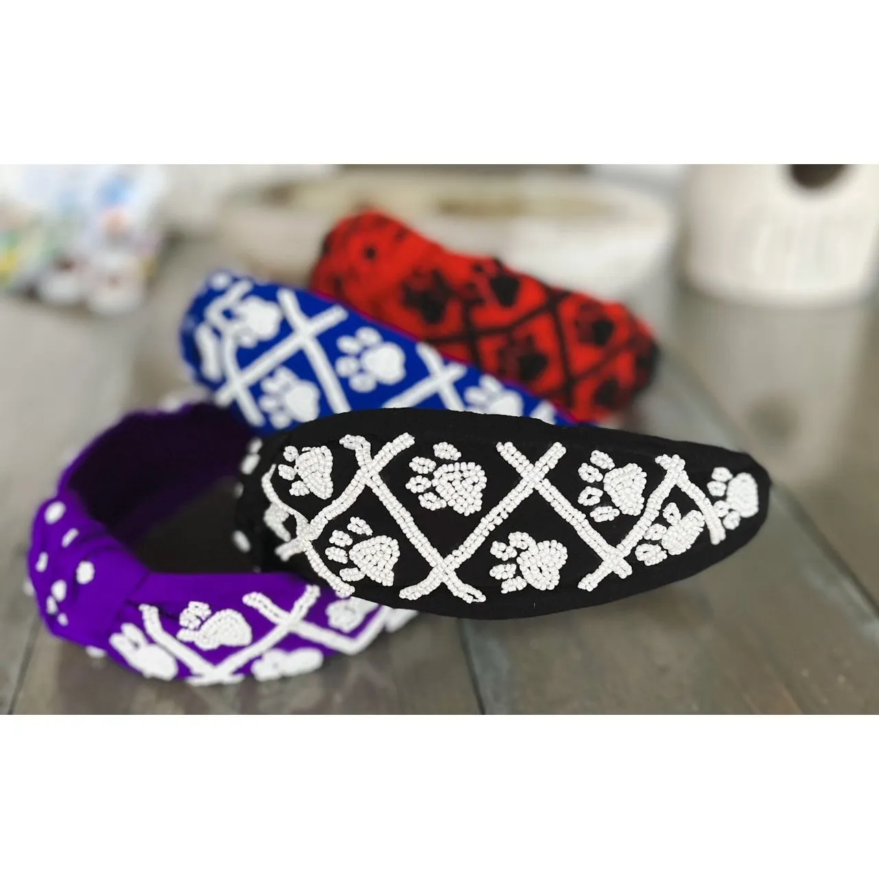 Paw Print Seed Beaded Team Spirit Top Knot Headband.