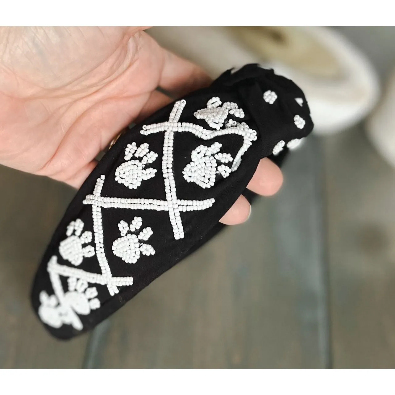 Paw Print Seed Beaded Team Spirit Top Knot Headband.