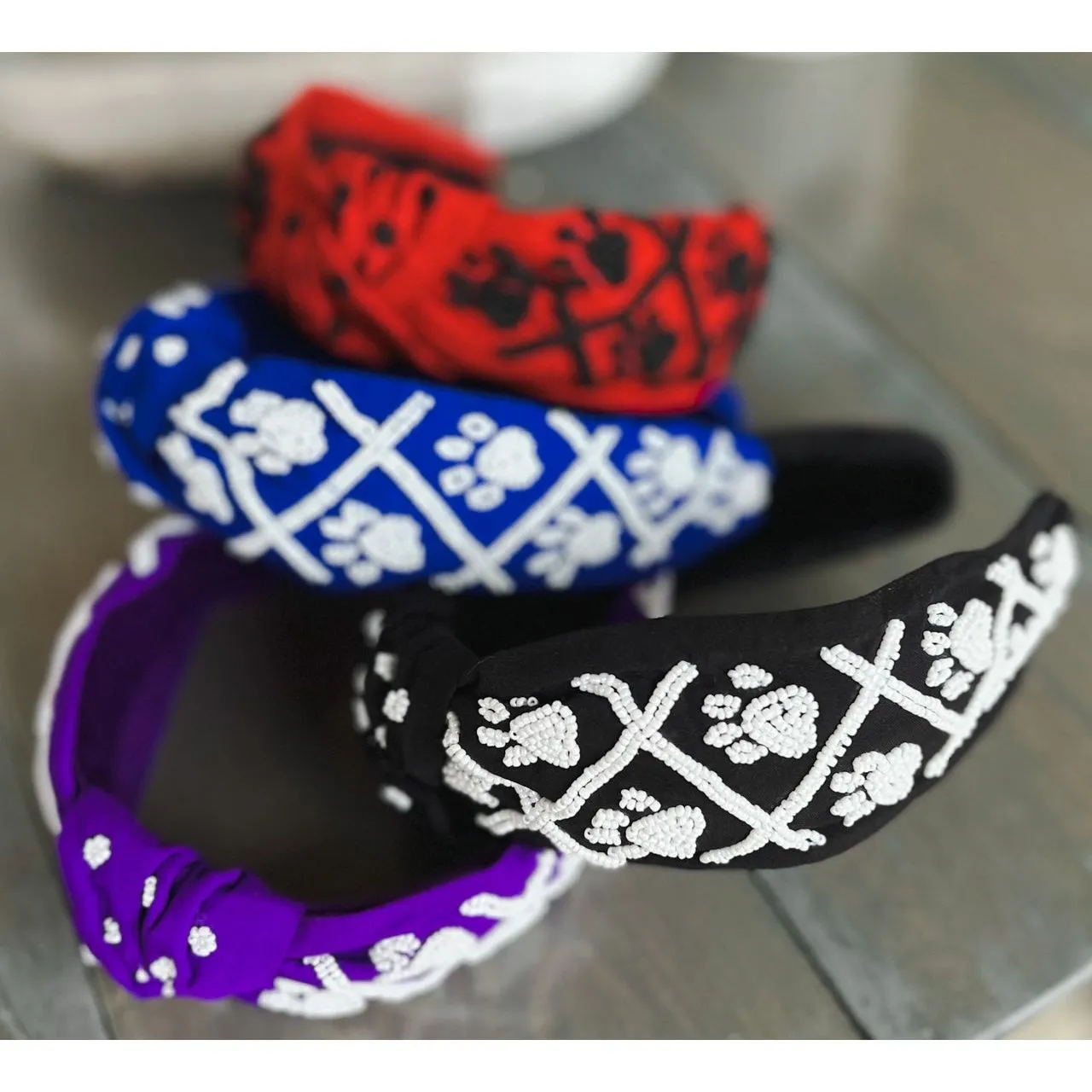 Paw Print Seed Beaded Team Spirit Top Knot Headband.