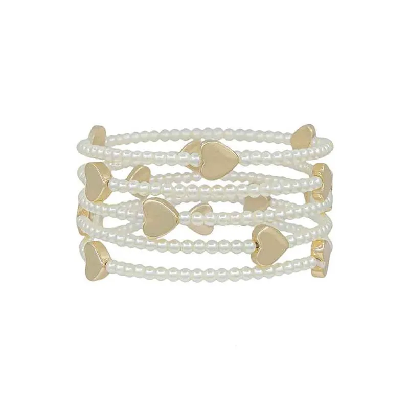 Pearl Gold Hearts Beaded Bracelet Set