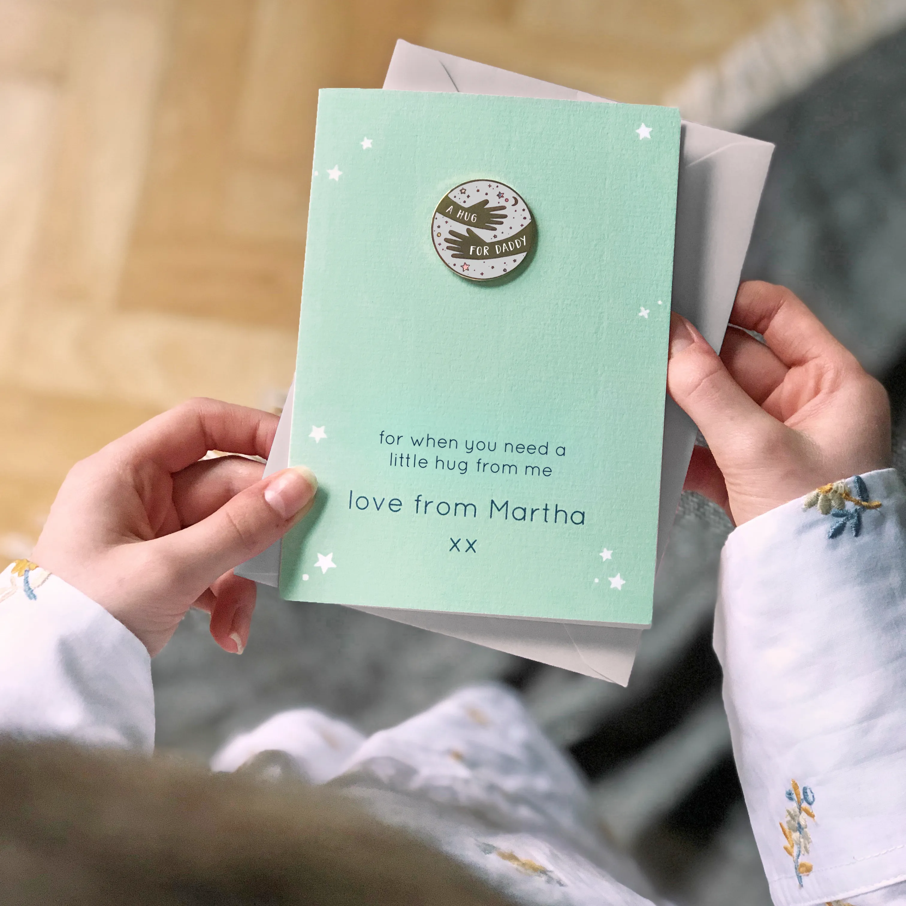 Personalised 'A Hug For Daddy' Pin Badge Card