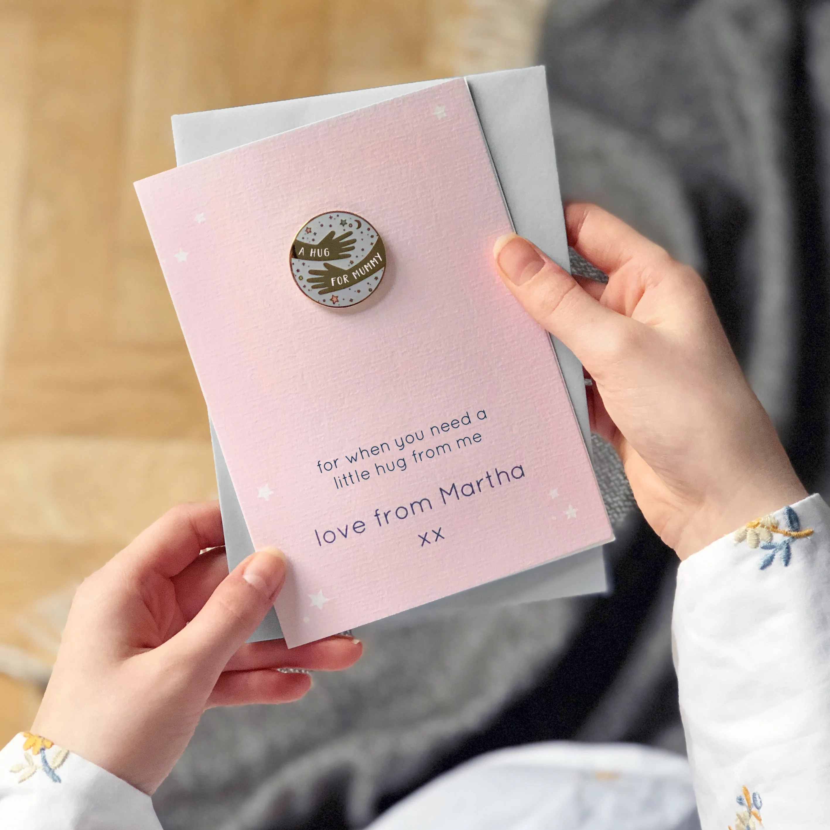 Personalised 'A Hug For Mummy' Pin Badge Card
