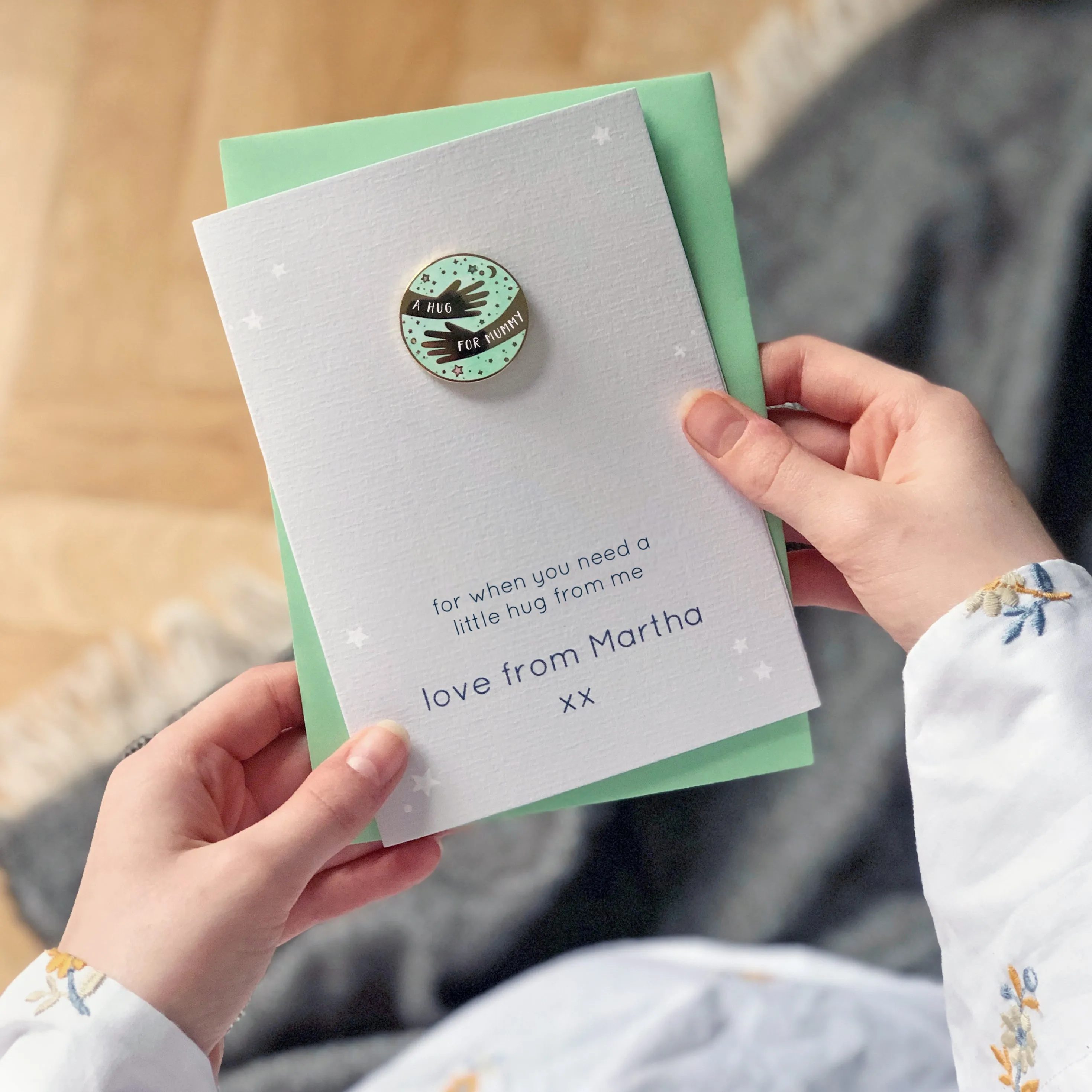 Personalised 'A Hug For Mummy' Pin Badge Card