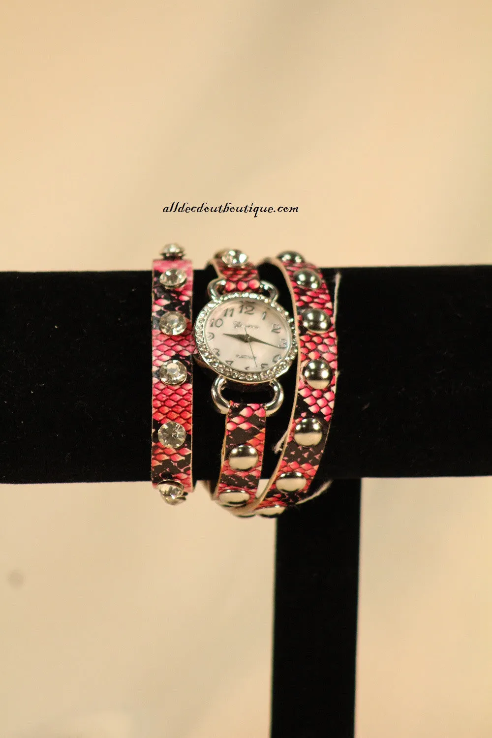 Pink & Black/White, Band Reptile Print | Leather Band w/ Button Clasp