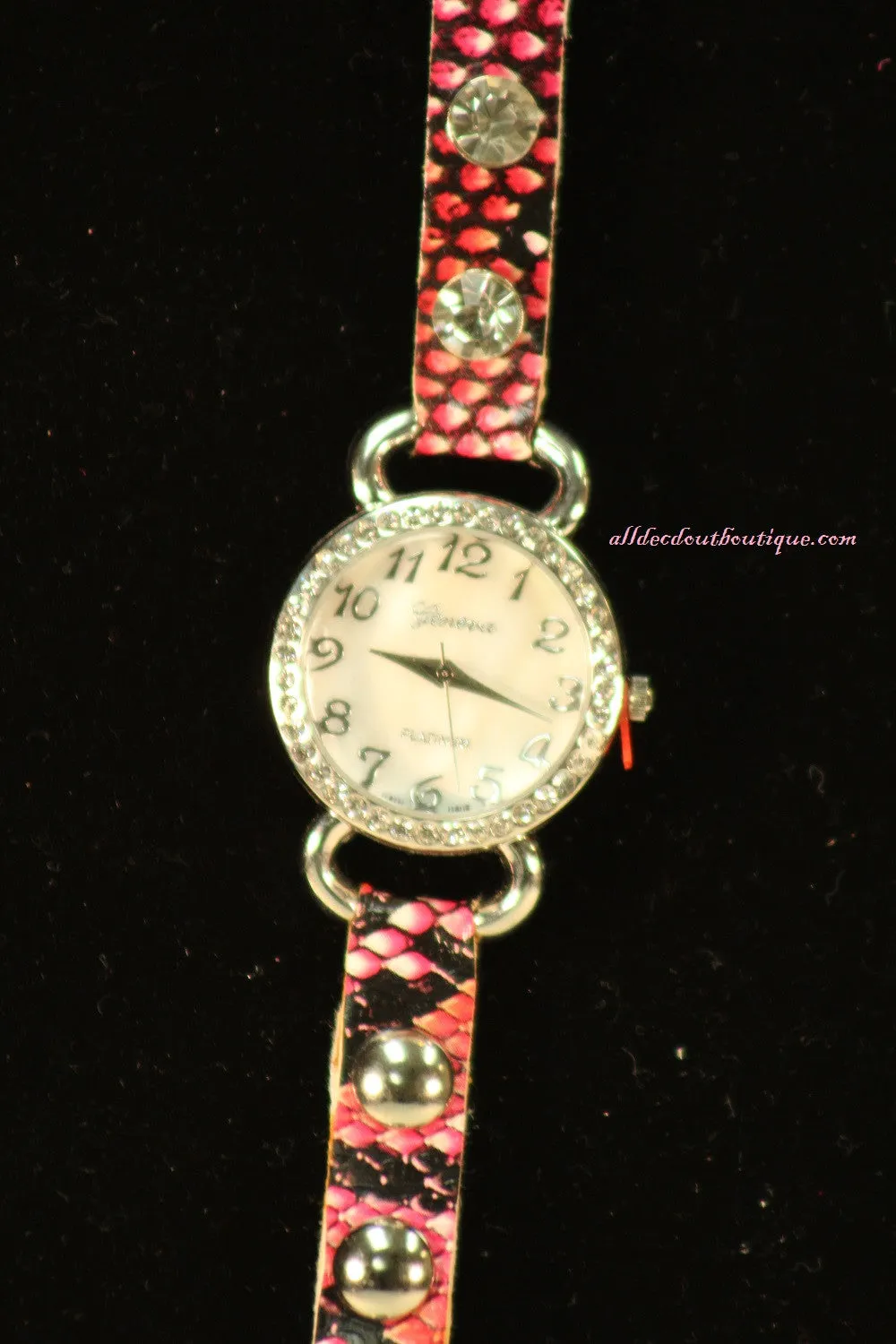 Pink & Black/White, Band Reptile Print | Leather Band w/ Button Clasp