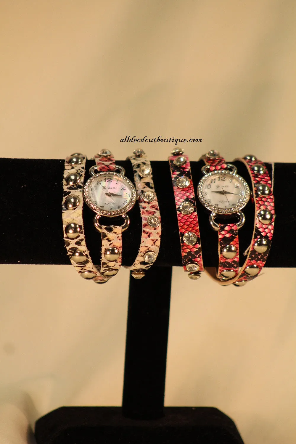 Pink & Black/White, Band Reptile Print | Leather Band w/ Button Clasp