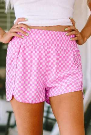 Pink Plaid High Waisted Athletic Shorts - PREORDER