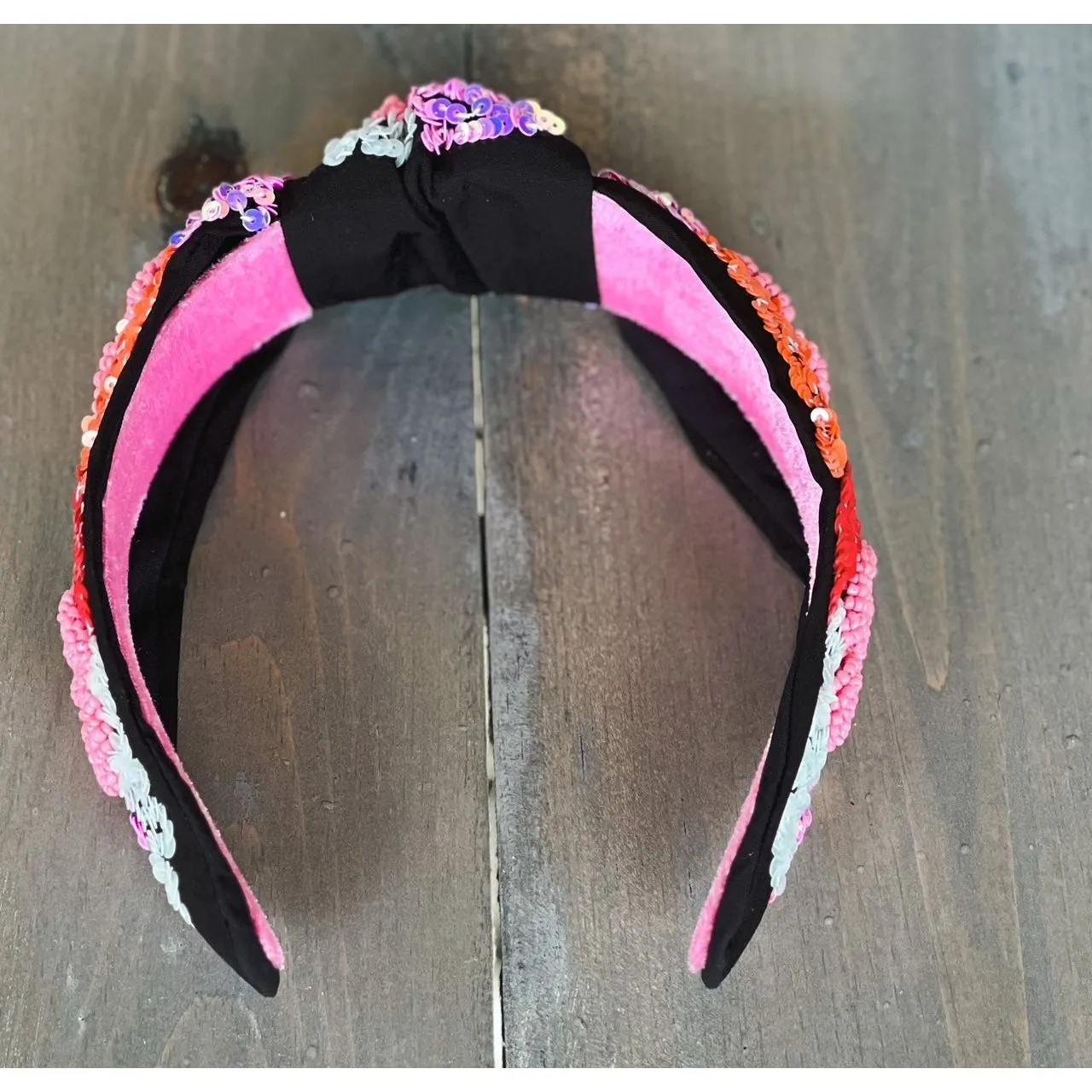 Pink Red Roses Embroidered Seed Beaded Top Knot Headband