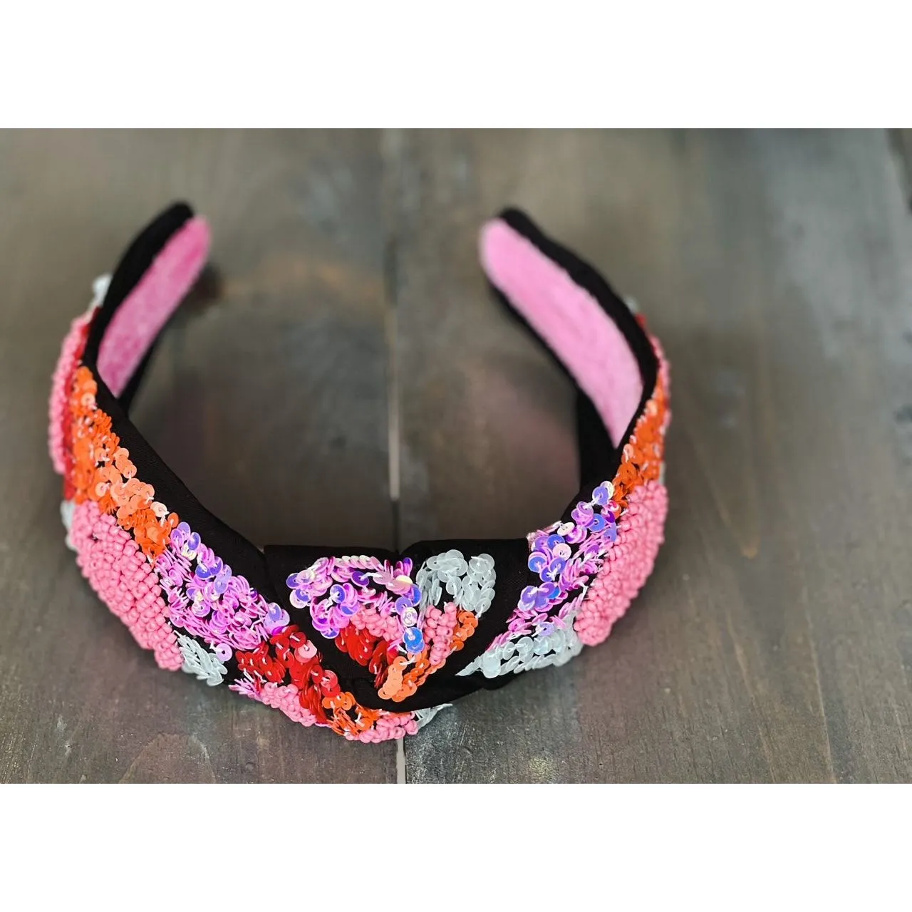 Pink Red Roses Embroidered Seed Beaded Top Knot Headband