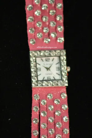 Pink/White Silver Studs Clear Rhinestones | Leather Band with Button Clasp
