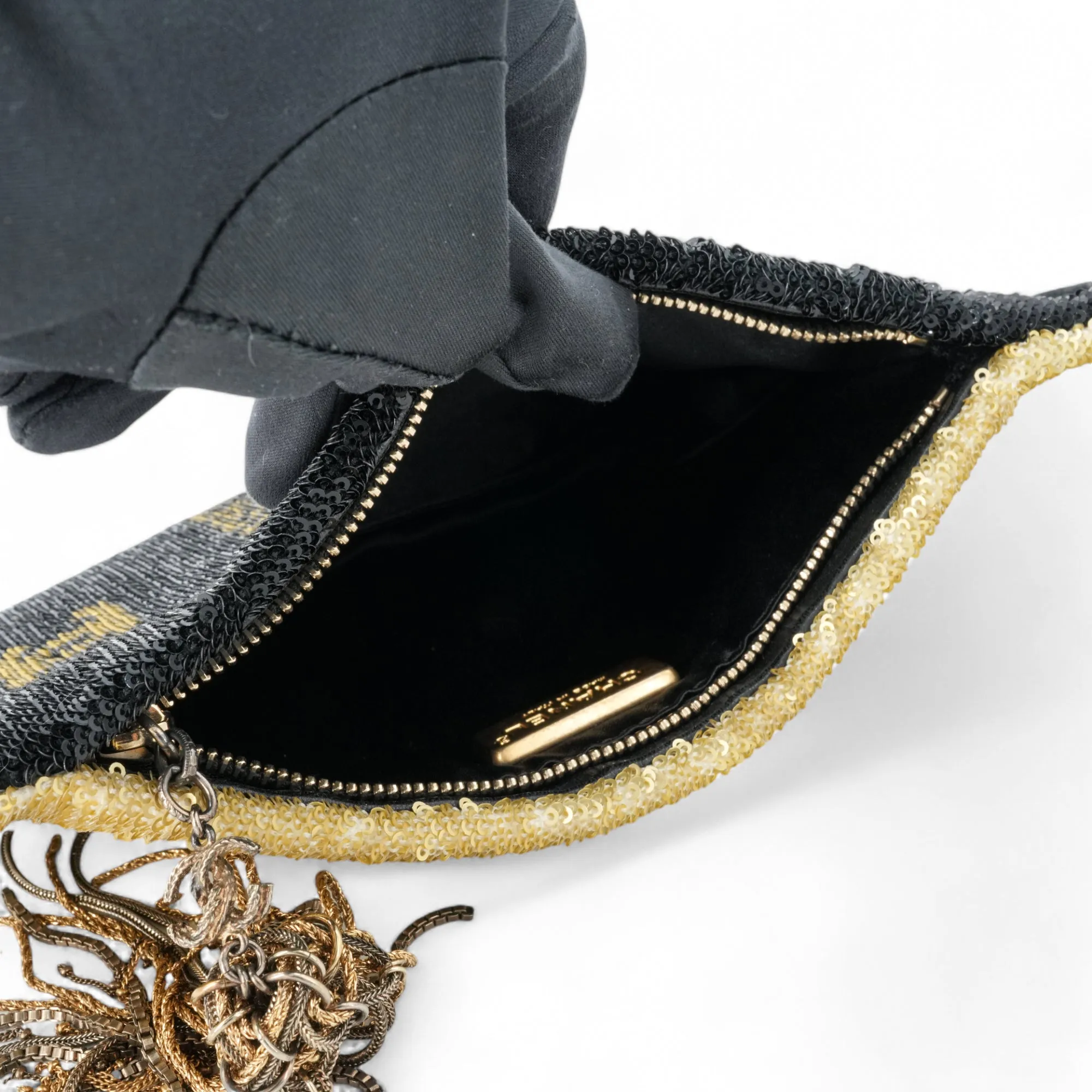 Please Dare to Disturb Black and Gold Sequin Minaudiere Clutch